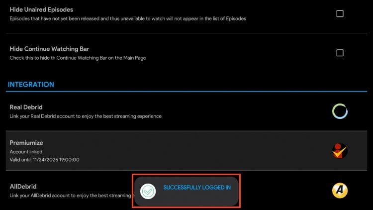 premiumize success message appears