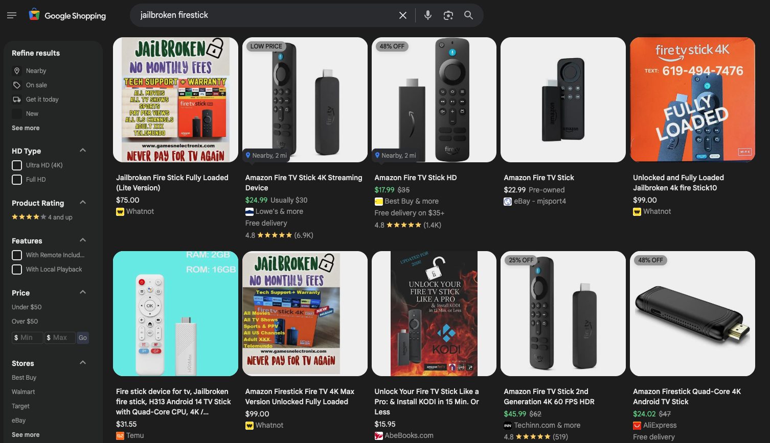 Google Shopping Results for 'Jailbroken Firestick'
