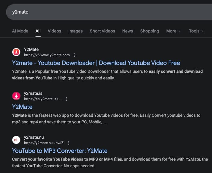 Google Search Results for 'Y2Mate'