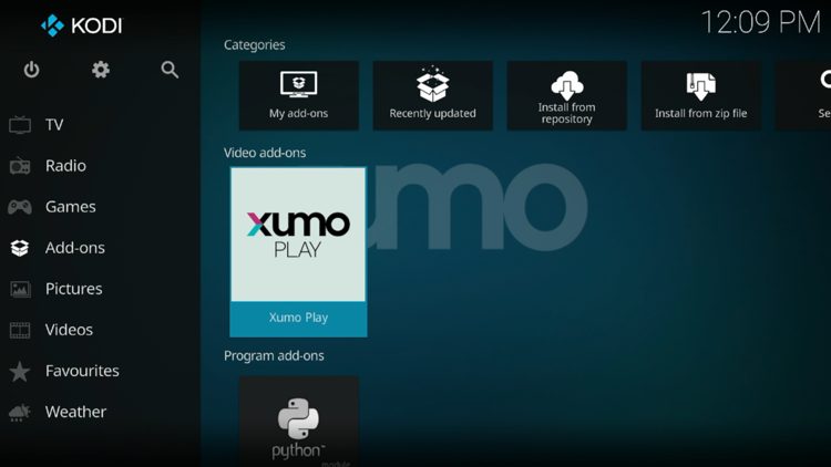 Return back to the home screen of Kodi and hover over Add-ons. Then select XUMO Play.