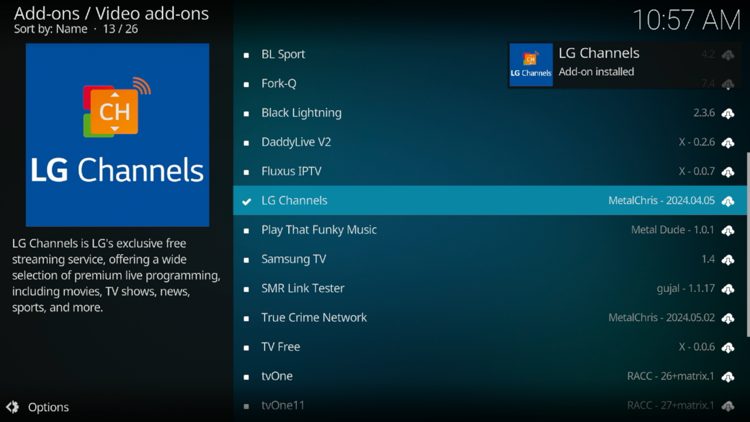 Wait for the "LG Channels Add-on installed" message to appear