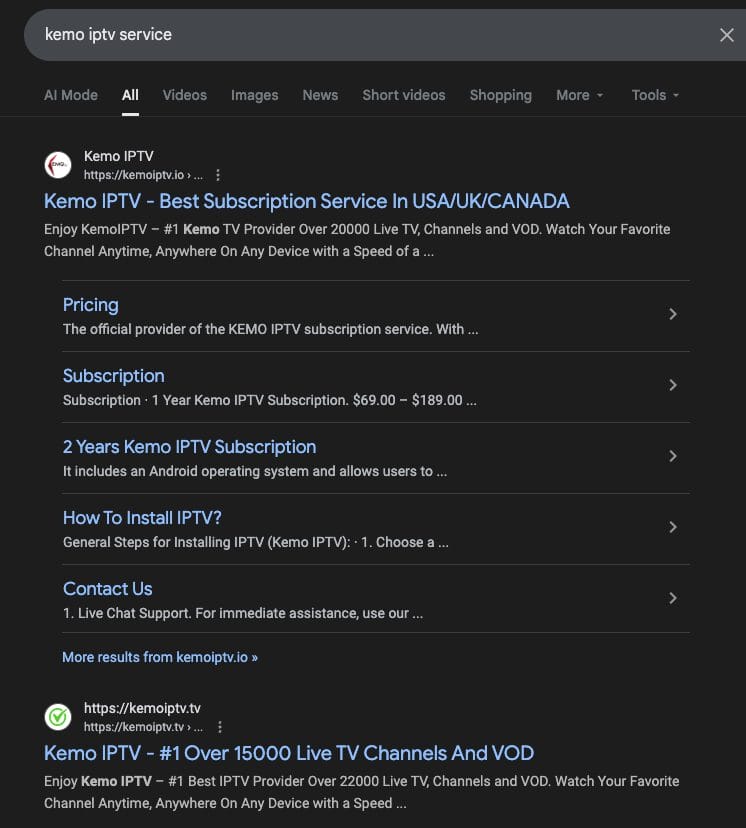 Google search for 'Kemo IPTV service'
