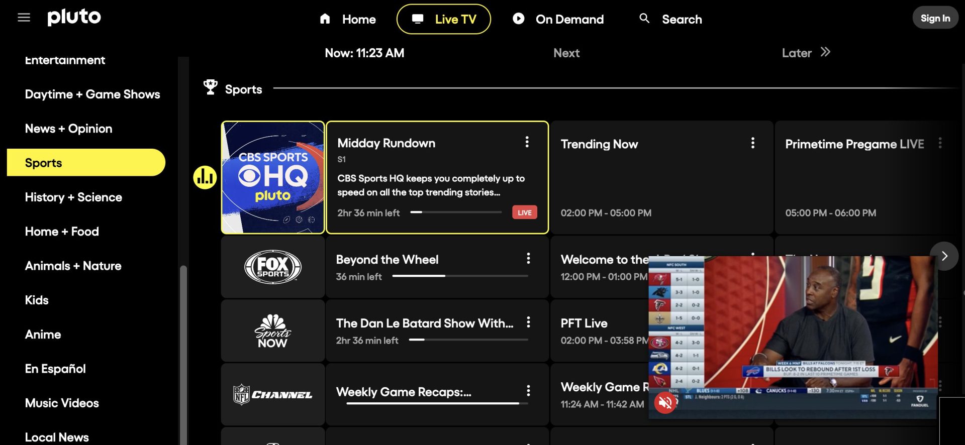 Pluto TV Website Sports