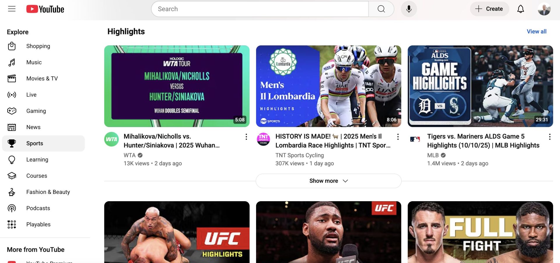 YouTube Website Sports