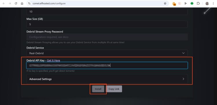 enter real debrid api key and click install stremio addon