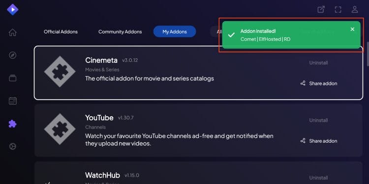 you will encounter stremio addon installed message