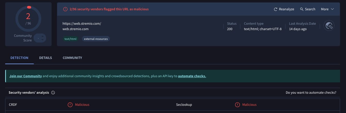 VirusTotal Scan of a Stremio add-on