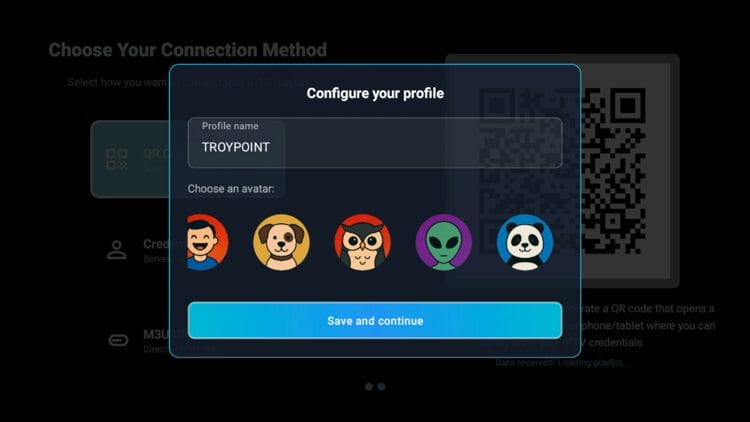 After successfully integrating your live TV service you need to add a profile name, choose an avatar, and then click Save and Continue.