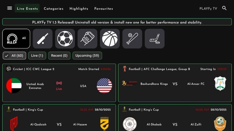 PlayFy TV Home Screen