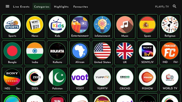 PlayFy TV Categories