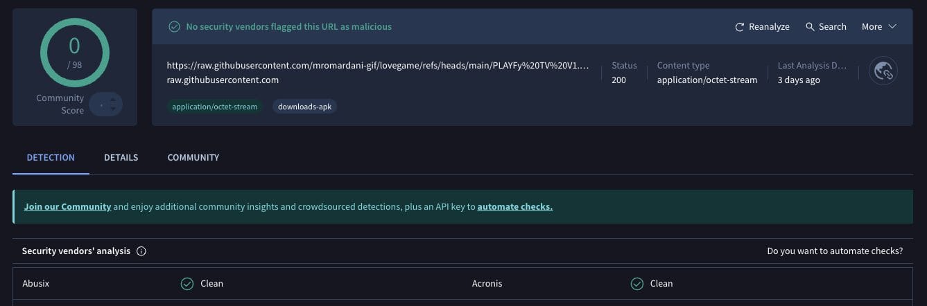 PlayFy TV VirusTotal Scan