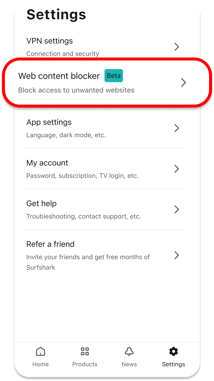Web Content Blocker on Surfshark Mobile App
