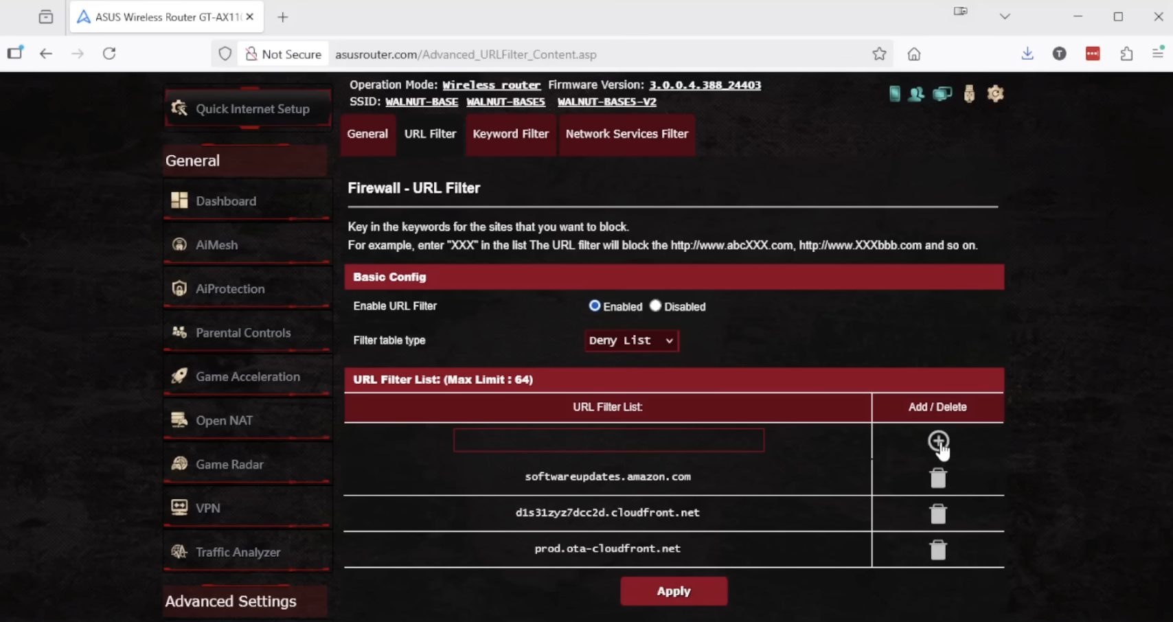 First make sure URL Filter is Enabled and the Filter table type is Deny List. Then click Add within the URL Filter List and add the following update URLs