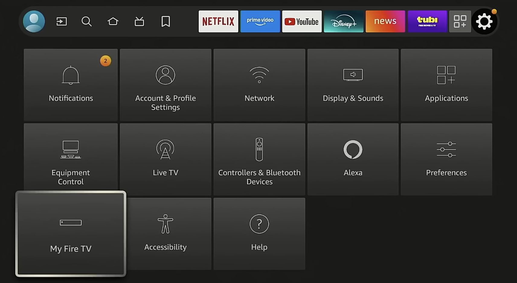Once you are on the home screen, hover over the settings icon and select My Fire TV.