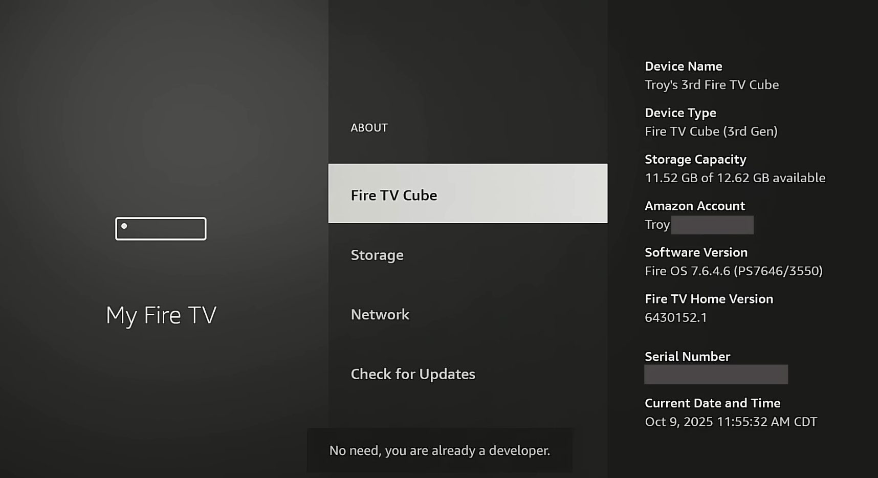 Now click the name of your device about seven times to enable developer mode.
