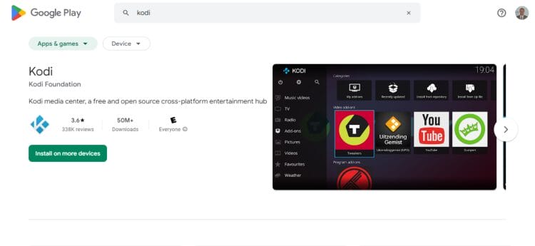 Kodi in Google Play Store