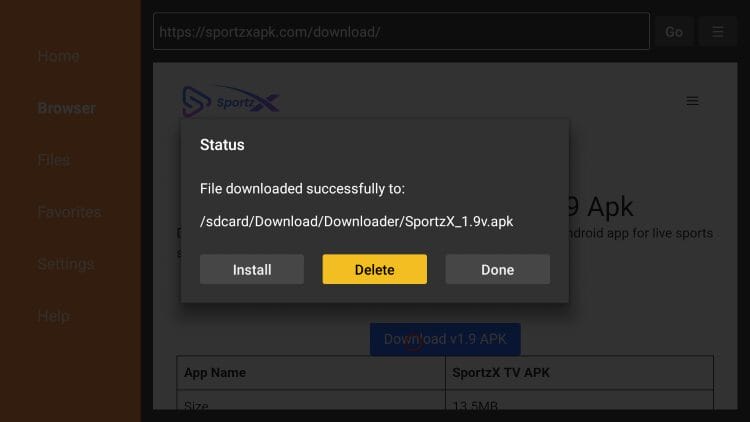 choose delete to remove sportzx APK installation file