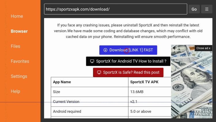 click download Sportzx apk