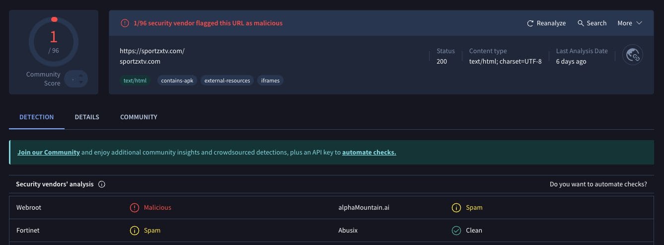 SportZX VirusTotal Scan