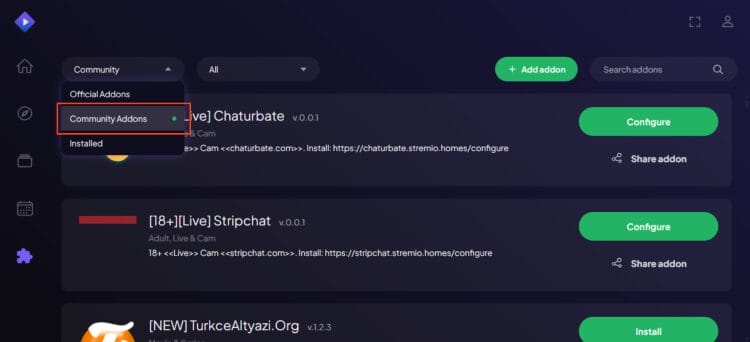 choose community addons for watchio live