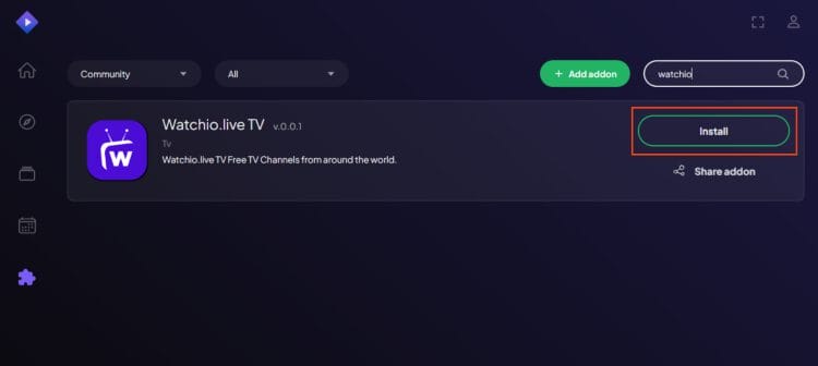 click install watchio live stremio addon