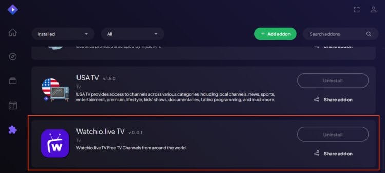 go to your addons list and you will see watchio live is installed