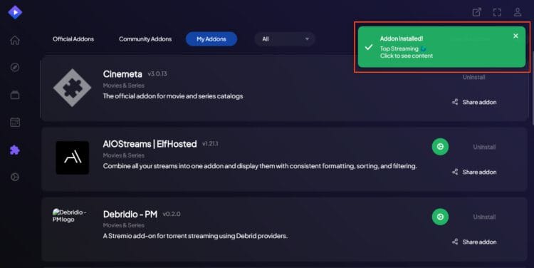 addon installed message appears!