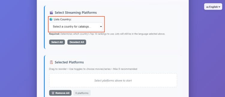 choose list country for top streaming
