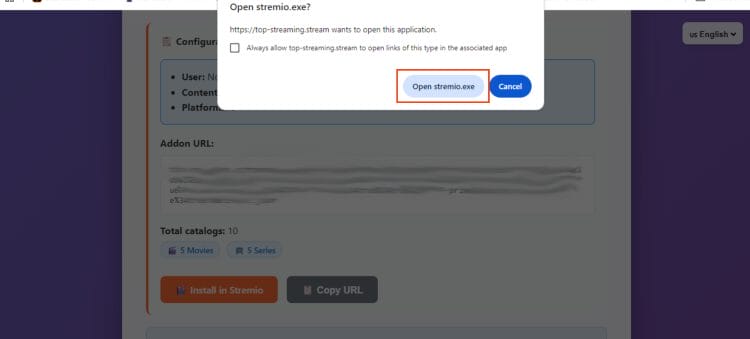 select open in stremio.exe