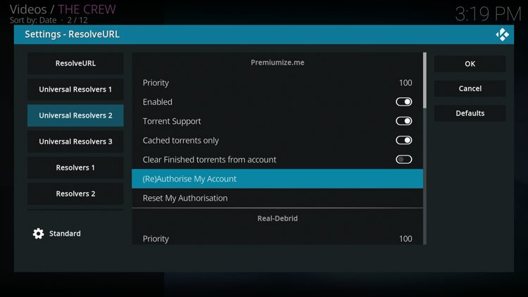Hover over Universal Resolvers 2 and select (Re)Authorise My Account under Premiumize.