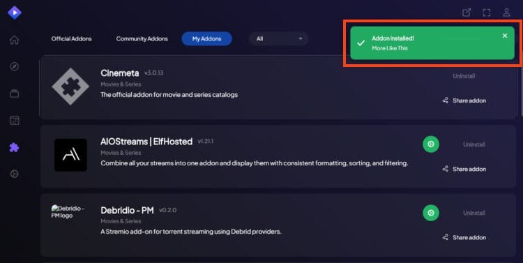 more like this stremio addon installed message appears