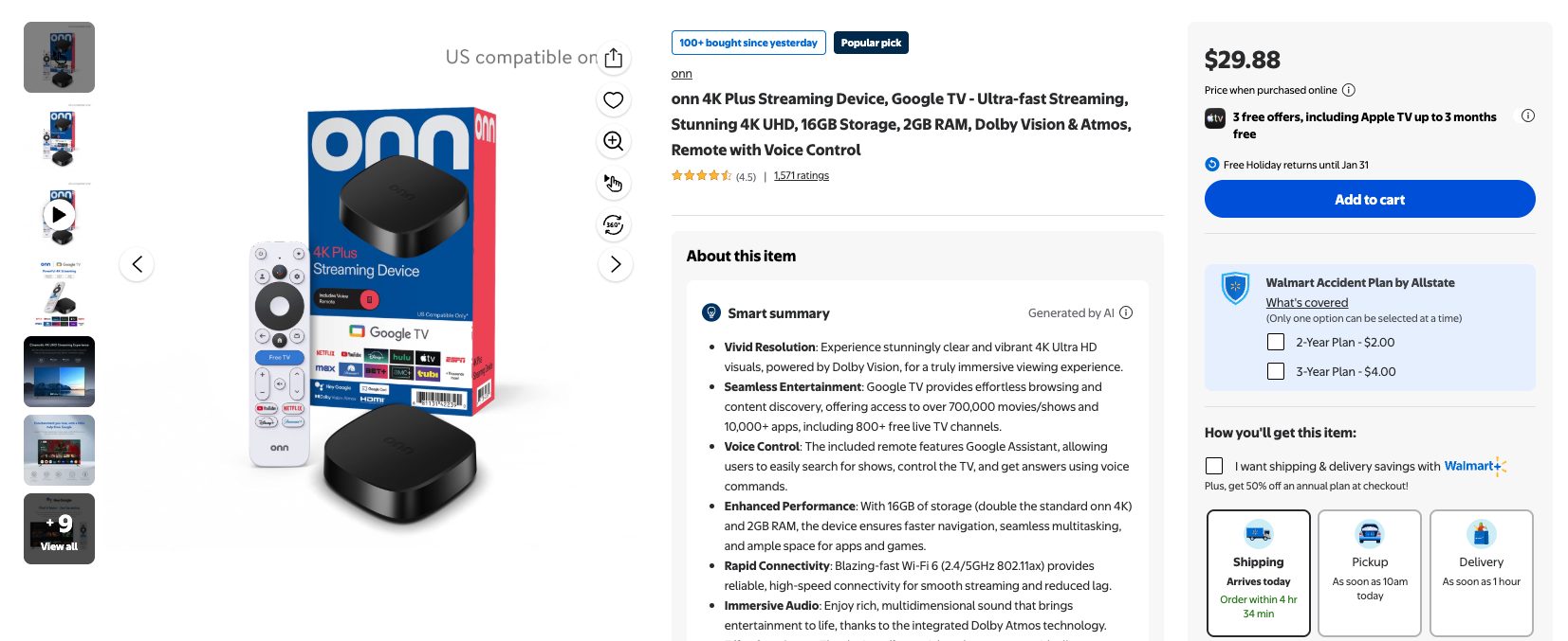 Onn 4K Plus on Walmart's Website