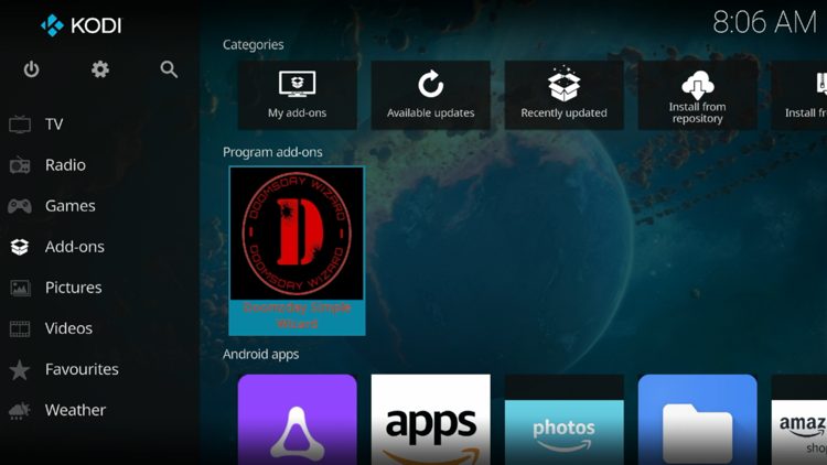 Return back to the home screen of Kodi, hover over Add-ons and click the Doomzday Simple Wizard under Program add-ons.