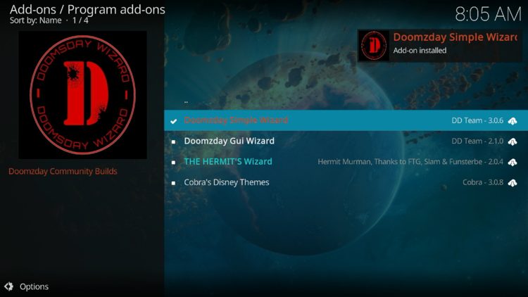 The wizard add-on installed message will now display in the upper right-hand corner.