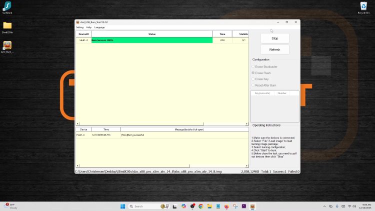 Green bar indicates success flashing SlimBOXtv firmware.