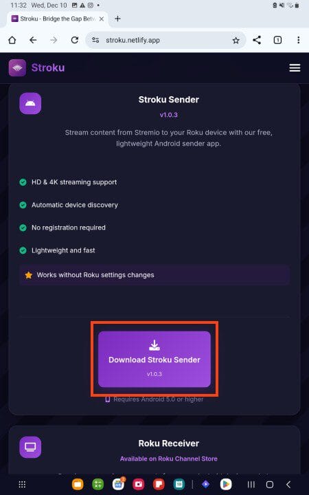 click download stroku sender for stremio on roku