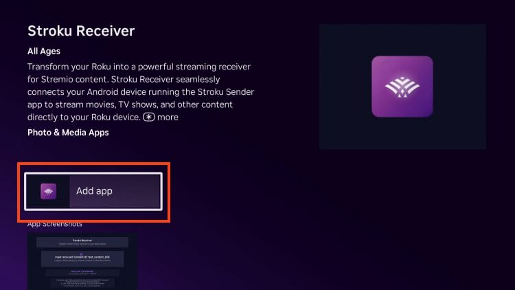 choose add app for stremio on roku
