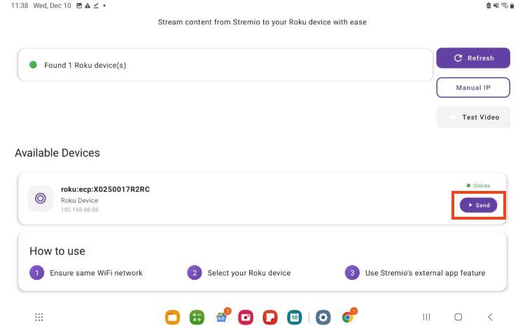 locate your roku device and click send