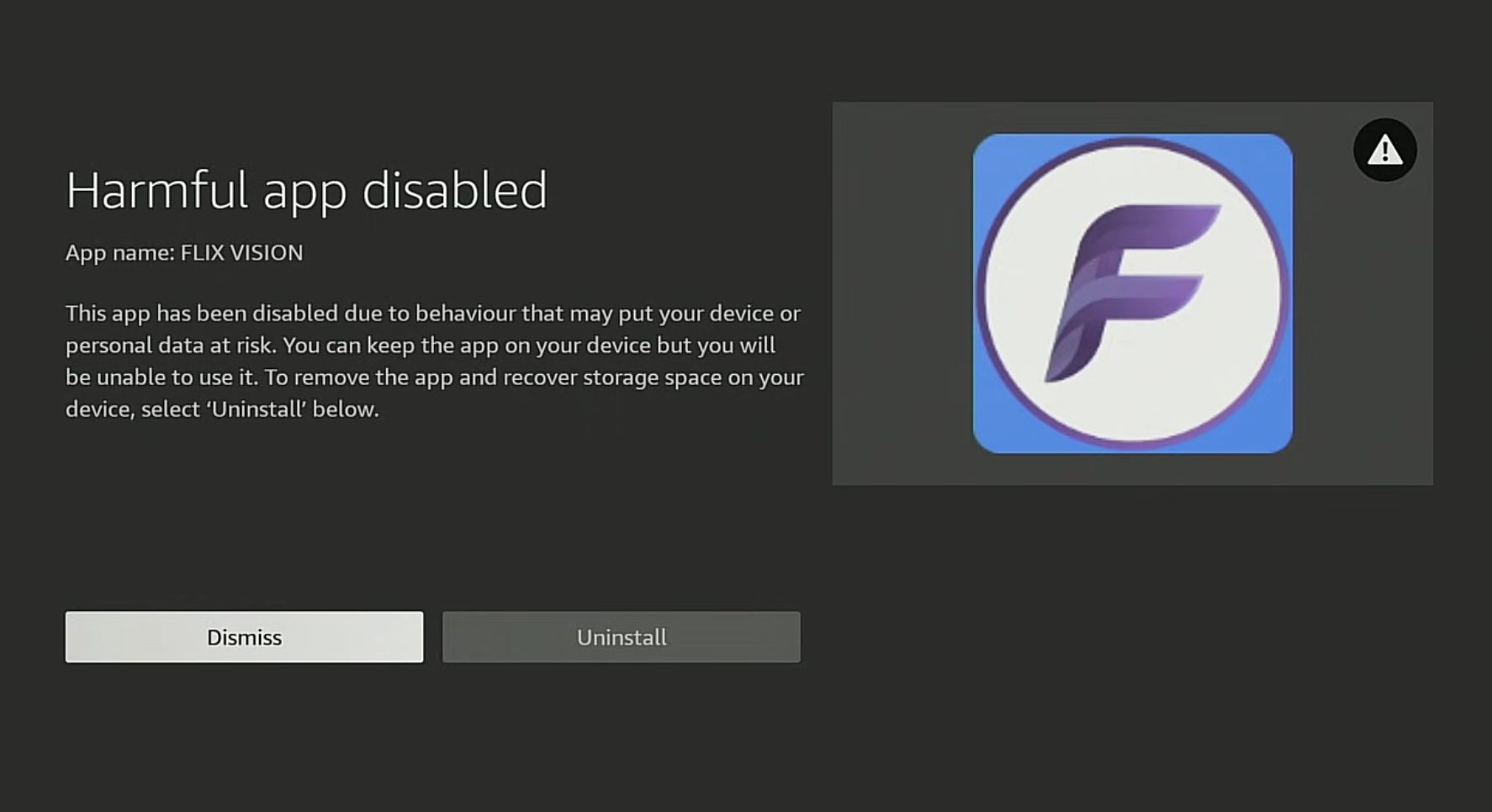 Amazon Harmful app disabled message