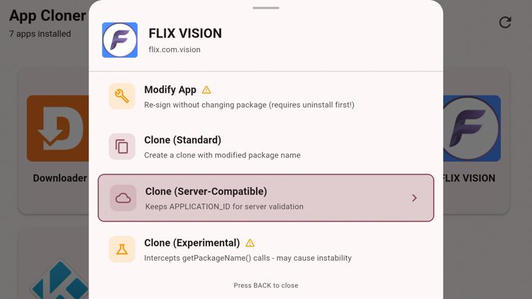 Click the back button a few times on your remote to return back to App Cloner. Click Flix Vision and then select Clone (Server-Compatible).