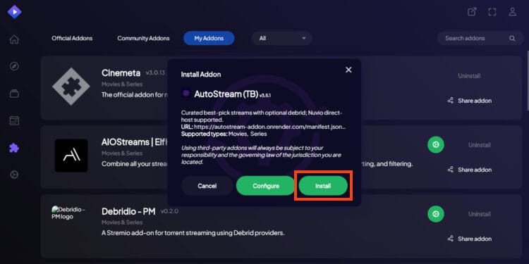 click install autostream stremio app on your media device