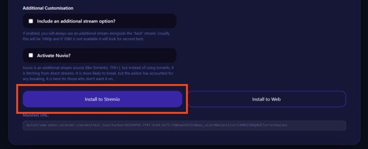 select install to stremio