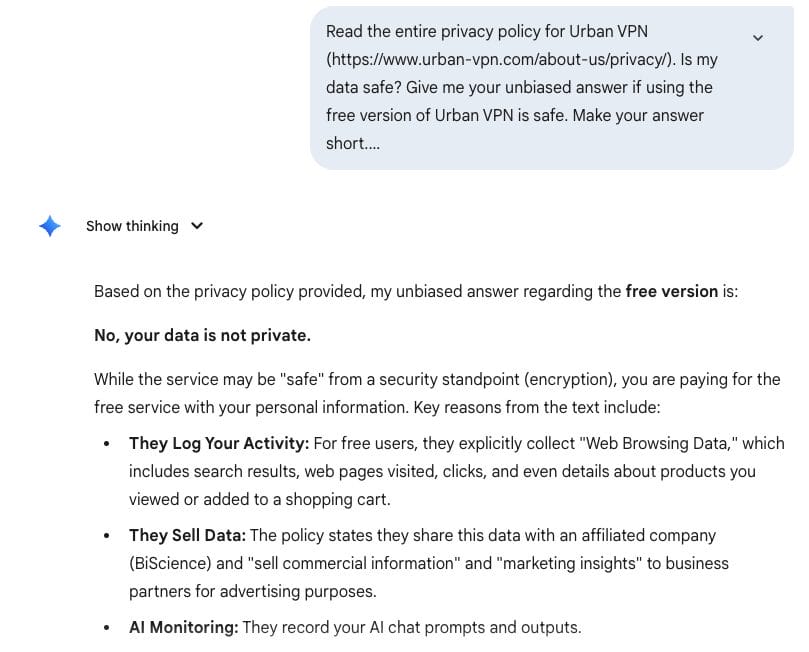 Google Gemini Chat About Urban VPN