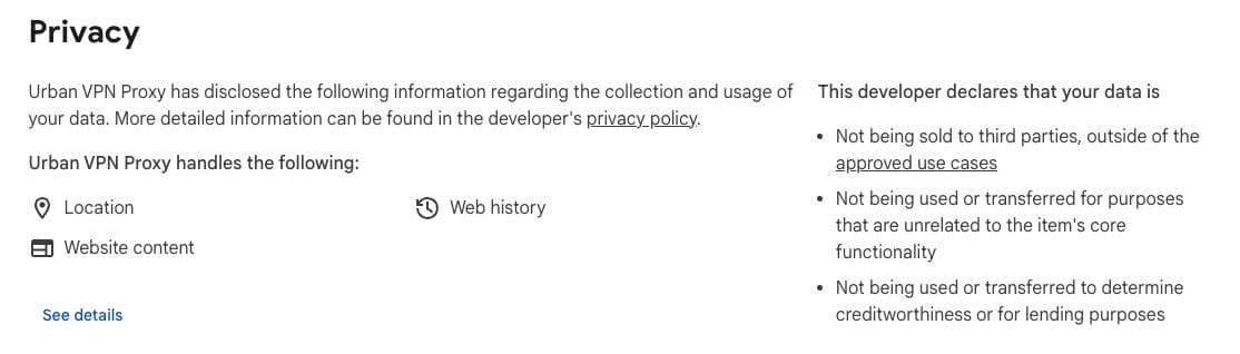 Urban VPN's Privacy Details in Google Play