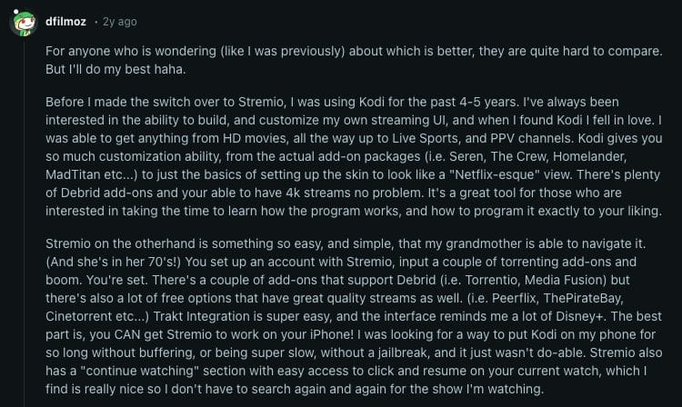 Reddit Thread on Stremio vs Kodi