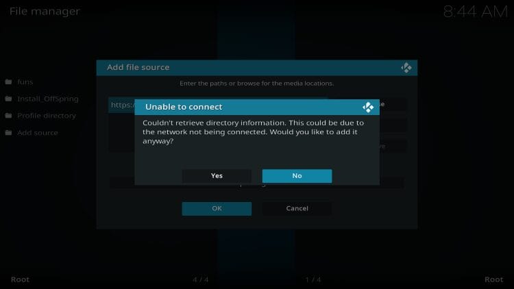 Kodi Unable to Connect Message