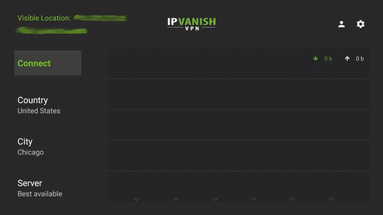 Launch the IPVanish VPN app on your Firestick/Fire TV and click the Settings icon in the upper right of the screen.