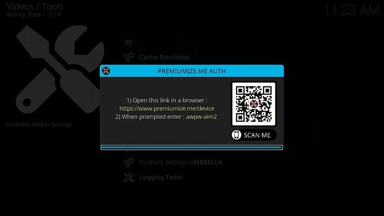 Now you will see a Premiumize authorization message. Make note of this code.