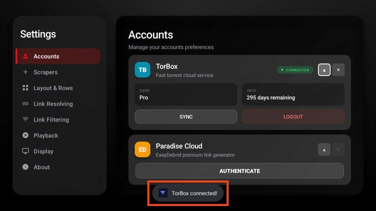 debrid service successful in STRMR