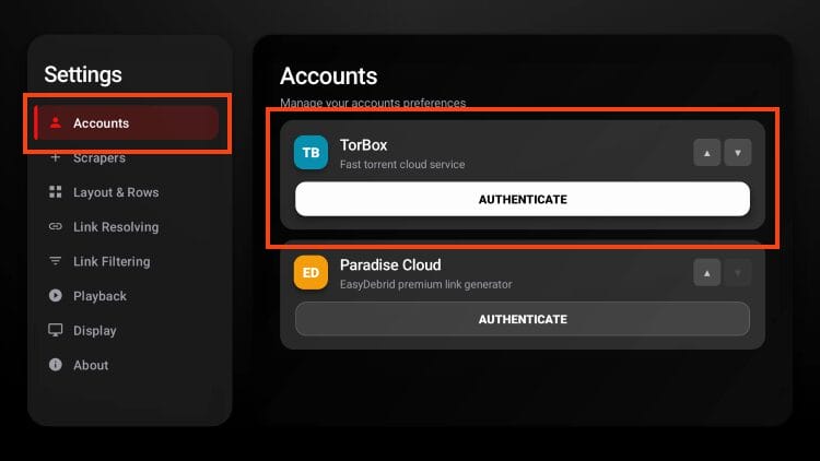 hover over accounts and select your preferred debrid provider